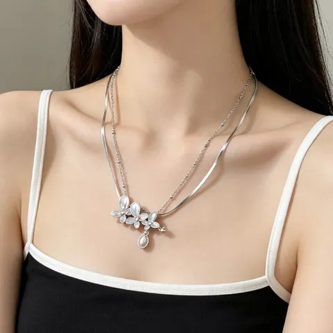 Französisch Hellblau Emaille Blume Künstliche Perle Doppelpack Halskette Silber Farbe Schlangenkette Armband Set Für Damen Süß Täglich Schmuck