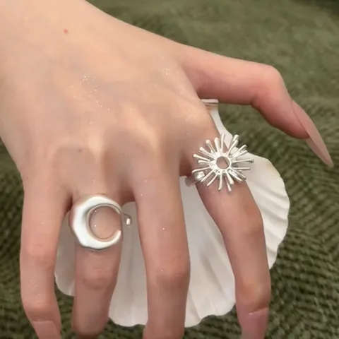 Minimalistische Matt Silber Sonne Und Mond Ringe Für Damen Urlaubsstil Einfache Geometrische Offene Ring Mode Fingerring Schmuck
