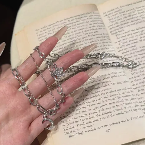 Double Layer Star Moon Necklace For Women Copper Rhinestone Pentagram Clavicle Chain Retro Thai Silver Style Jewelry Daily Decor