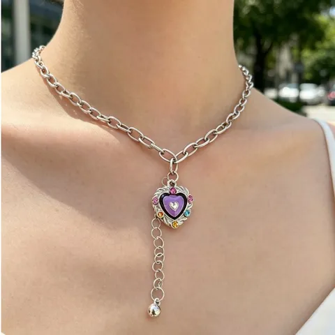Y2K Lila Herz Halskette Für Frauen Bunte Strass Quaste Anhänger Schlüsselbein Kette Legierung Schmuck Personalisierte Mode Geschenk