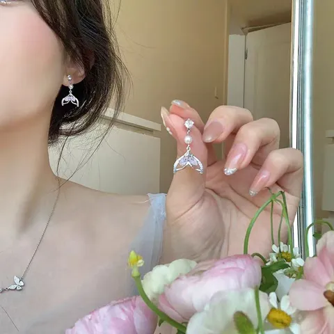 Alloy Fischschwanz Ohrstecker Mit Künstlicher Perle Blauem Strass Funkelnder Sommerurlaub Schmuck Für Frauen Mädchen Geschenk