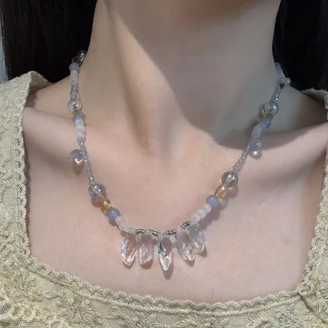 Französischer Vintage Handgemachte Perlen Wassertropfen Choker Halskette Für Damen Klar Hellblau Künstlicher Kristall Anhänger Nischendesign Schmuck