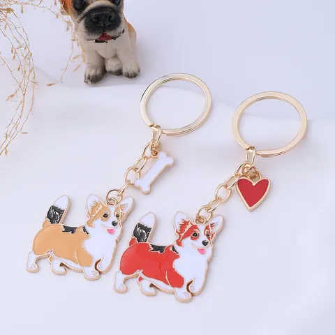 Cartoon Corgi Dog Metal Keychain For Women Girls Oil Dripping Alloy Key Ring Bag Pendant Decoration Heart Bone Charm Accessory