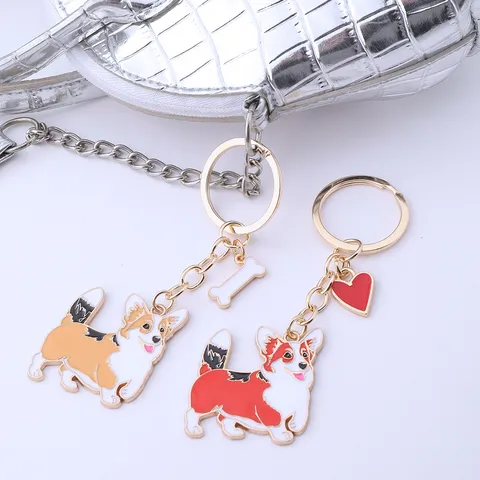 Cartoon Corgi Dog Metal Keychain For Women Girls Oil Dripping Alloy Key Ring Bag Pendant Decoration Heart Bone Charm Accessory