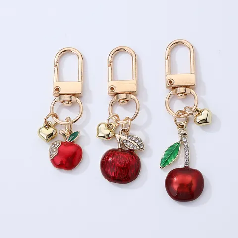 Cute Cartoon Fruit Keychain Alloy Rhinestone Red Apple Cherry Bag Charm Car Pendant Fashion Women Jewelry Gift Accessory