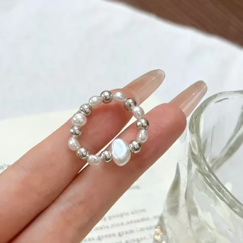 Estilo Coreano Perla Artificial Cuenta de Plata Anillo con Cuentas Anillo de Dedo Elástico Apilable Joyería Simple y Versátil Para Mujeres