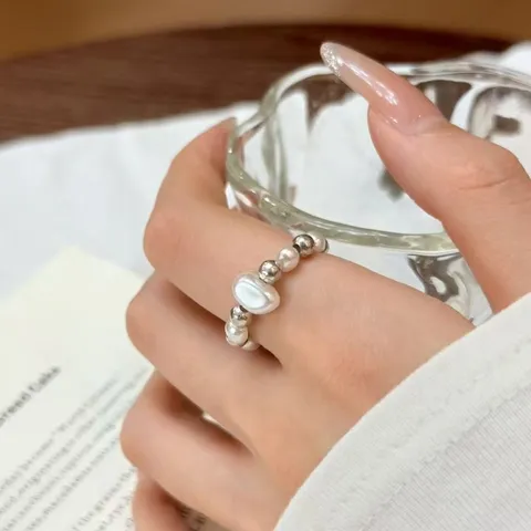 Estilo Coreano Perla Artificial Cuenta de Plata Anillo con Cuentas Anillo de Dedo Elástico Apilable Joyería Simple y Versátil Para Mujeres