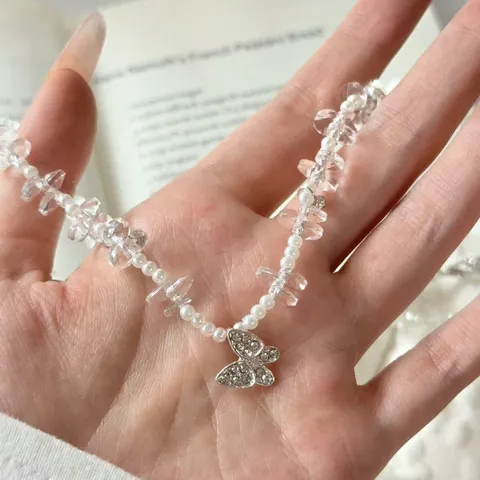 Fairy Strass Schmetterling Kristall Künstliche Perle Perlenkette Für Damen Nische Süße Schlüsselbein Kette Schmuck Geschenk