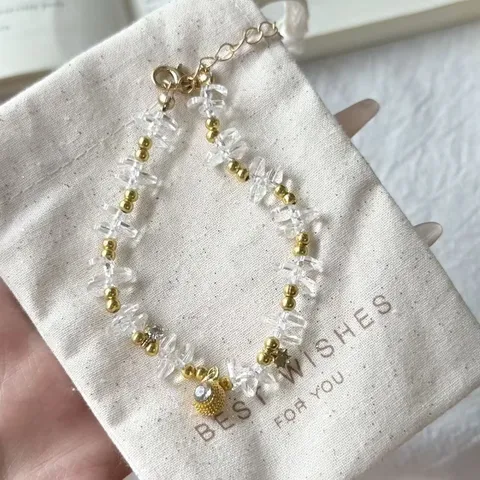 Minimalistisches Naturstein Klar Kristallsplitter Perlenarmband Mit Goldperlen Strassanhänger Vintage Luxus Armband Für Damen Schmuck Geschenk