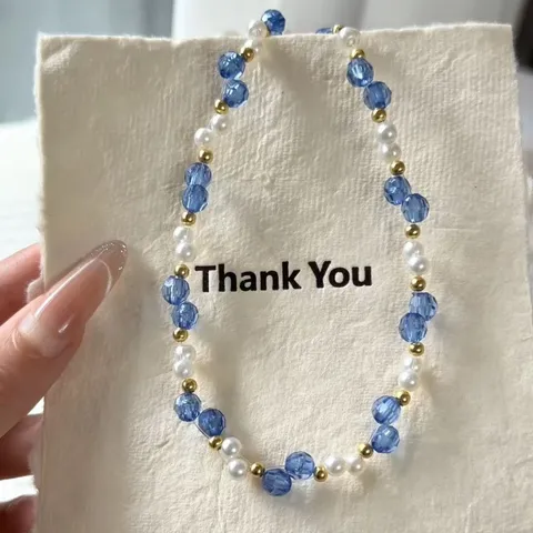 Vintage Französischer Stil Meersalz Blau Facettierter Kristall Künstliche Perle Spleißkette Für Damen Elegante Perlen Choker Halsketten Schmuck