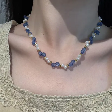 Vintage Französischer Stil Meersalz Blau Facettierter Kristall Künstliche Perle Spleißkette Für Damen Elegante Perlen Choker Halsketten Schmuck