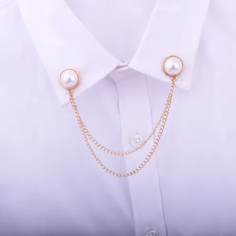 Minimalistische Legierung Doppellagige Quastenkette Kragenbrosche Für Damen Künstliche Perle Hemdkragen Clip Anti Exposition Schmuck Akzent