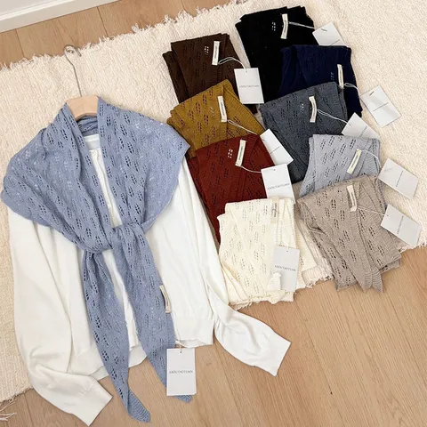 Solid Color Hollow Knit Triangular Scarf Women Summer Fashion Lightweight Breathable Neck Scarf Versatile Polyester Shawl