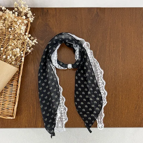 Women Fashion Printed Long Scarf Lace Stitched Versatile Neckerchief Polyester Scarf With Pearl Accent