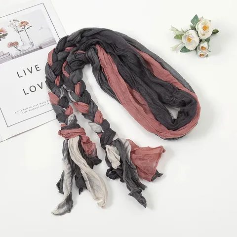 Women's Multicolor Patchwork Pleated Braid Headscarf Versatile Sun Protection Silk Scarf Travel Scarf