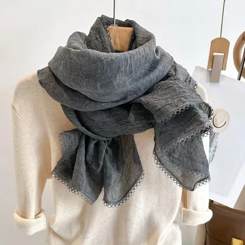 Minimalist Solid Color Pleated Scarf With Lace Trim Warm Soft Polyester Fashion Long Scarf For Women Winter Daily Wear