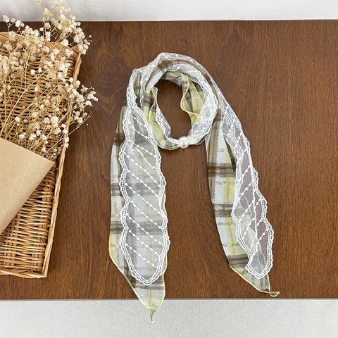 Women Fashion Scarf Polyester Plaid Floral Lace Stitching Artificial Pearl Accent Elegant Neck Scarf Ribbon