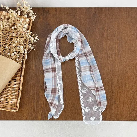 Women Fashion Scarf Polyester Plaid Floral Lace Stitching Artificial Pearl Accent Elegant Neck Scarf Ribbon