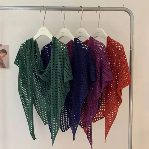 Women Hollow Out Knit Triangle Scarf Shawl Summer Mesh Breathable Beach Cover Up Solid Color Lightweight Neck Scarf