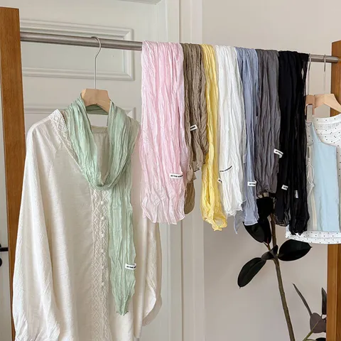 Womens Solid Color Pleated Long Scarf Lightweight Breathable Soft Neck Wrap Elegant Fashion Spring Summer Scarf