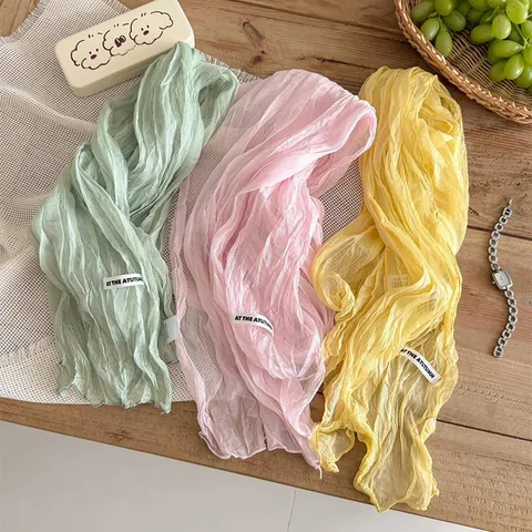 Womens Solid Color Pleated Long Scarf Lightweight Breathable Soft Neck Wrap Elegant Fashion Spring Summer Scarf
