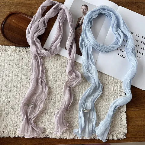 Koreanischer Stil Plissierter Dünner Chiffon Langer Schal Damen Einfarbig Elegante Halsempfehlung Mode Schickes Zubehör
