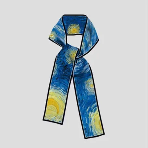 Van Gogh Oil Painting Art Long Narrow Small Silk Scarf Fashion Slim Twilly Bag Ribbon Scarf Neck Hair Band For Women