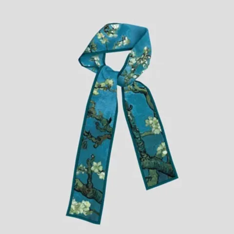 Van Gogh Oil Painting Art Long Narrow Small Silk Scarf Fashion Slim Twilly Bag Ribbon Scarf Neck Hair Band For Women