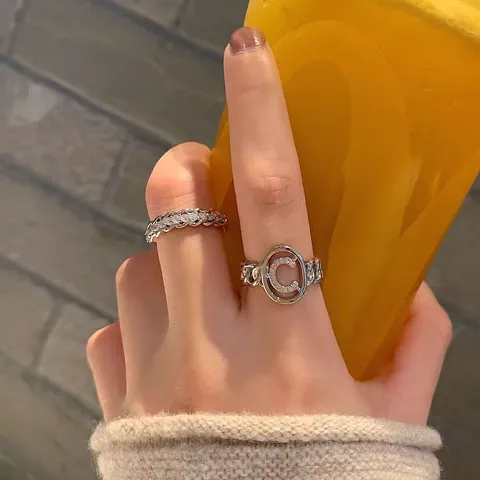 Moda Cobre Diamante de Imitación Anillo Abierto Juego para Mujeres De Moda Elegante Letra C Cadena Geométrica Anillos Ajustables Articulación Joyería