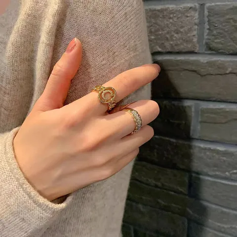Moda Cobre Diamante de Imitación Anillo Abierto Juego para Mujeres De Moda Elegante Letra C Cadena Geométrica Anillos Ajustables Articulación Joyería
