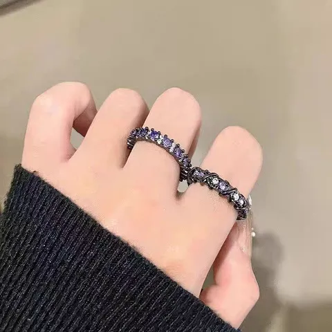 Anillo Abierto Gótico de Rosa Negra y Espinas para Mujer Vintage con Strass Púrpura Cruz Geométrica Anillo Ajustable Joyería Punk