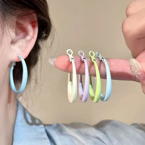 Pendientes de Aro Color Macaron para Mujer Primavera Verano Dulce Minimalista Cobre Galvanizado Pendientes de Círculo Geométrico Joyería Chic