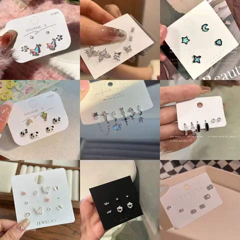 Juego de Pendientes de Moda para Mujer Aleación Strass Poste de Plata de Ley 925 Lindo Animal Estrella Luna Pendientes de Botón Joyería