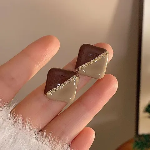 Pendientes de Botón de Esmalte de Corazón Geométrico de Color Maillard Vintage Francés Aleación Joyería de Moda Regalo Para Mujeres