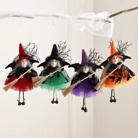 Halloween Witch Broom Hanging Ornament Fabric Wood Doll Party Shop Window Scene Festival Decoration
