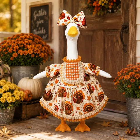 Halloween Veranda Gans Kleidung Outfit Süß Kürbis Truthahn Druck Kleid Hut Set Stoff Festlich Garten Dekor