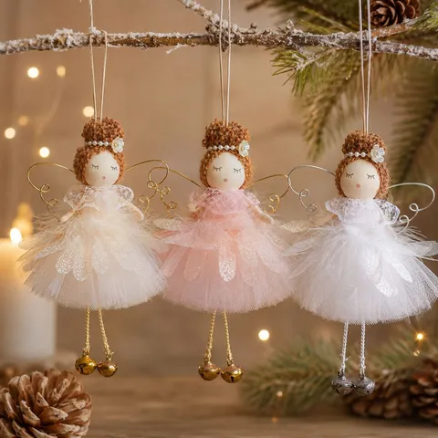 Europäischer Stil Weihnachtsbaum Hängendes Ornament Stoff Engelsuppe Plüsch Blumenkopf Spitzenflügel Feiertag Geschenk
