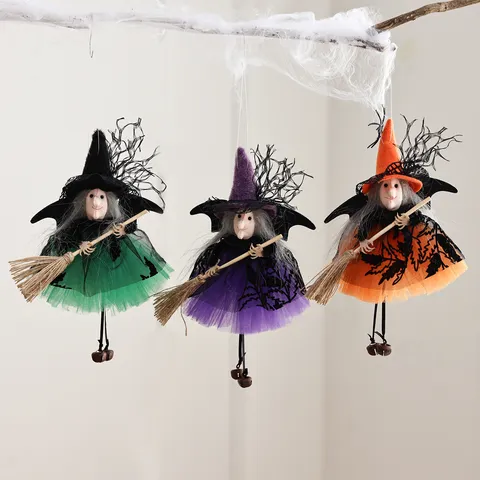 Halloween Witch Broom Hanging Ornament Fabric Wood Doll Party Shop Window Scene Festival Decoration