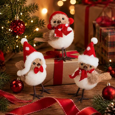 Christmas Simulation Bird Ornament Cute Plush Foam Small Bird With Red Hat And Scarf Holiday Desktop Decoration