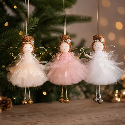 Europäischer Stil Weihnachtsbaum Hängendes Ornament Stoff Engelsuppe Plüsch Blumenkopf Spitzenflügel Feiertag Geschenk