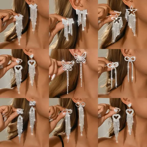Eleganti Orecchini a Nappa Lunga in Rame con Strass da Donna Orecchini Pendenti Geometrici a Fiocco e Cuore Gioielli da Sposa Festa