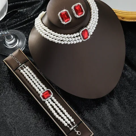 Set di Gioielli in Perle Artificiali Multistrato Lusso Leggero Francese per Donna Collana Bracciale Orecchini in Lega con Strass e Pietre Rettangolari Accessori da Festa