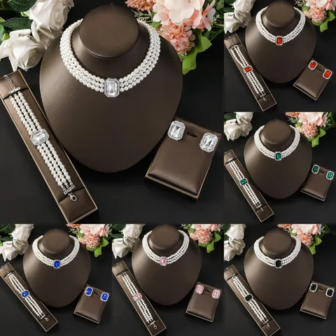 Set di Gioielli in Perle Artificiali Multistrato Lusso Leggero Francese per Donna Collana Bracciale Orecchini in Lega con Strass e Pietre Rettangolari Accessori da Festa