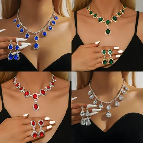 Set di Collana e Orecchini a Goccia d'Acqua in Stile Europeo Lusso per Donna in Lega e Strass Gioielli da Sposa Matrimonio