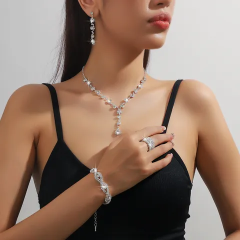 Set Gioielli Sposa Strass Collana Bracciale Orecchini Anello Elegante Cristallo Accessori Matrimonio Per Donna Gioielli Festa Ballo