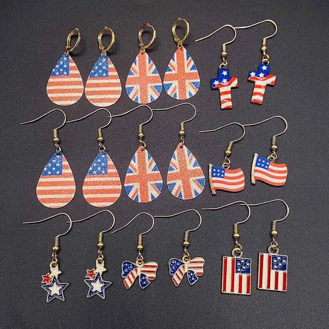 American Independence Day Alloy Enamel Drop Earrings For Women Red White Blue Stars Stripes Flag Heart Cross Hat Jewelry Gift