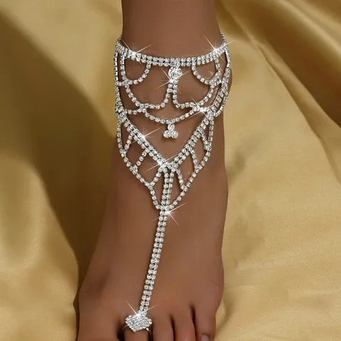 Fashion Alloy Rhinestone Toe Ring Anklet For Women Boho Multi-Layer Geometric Heart Chain Beach Vacation Foot Jewelry