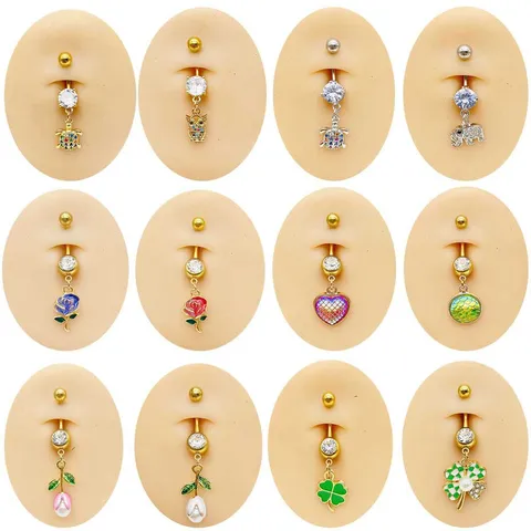 Anillo de Ombligo de Acero Inoxidable Diamante de Imitación Flor Trébol Colgante Piercing Ombligo Joyería Corporal Mujer Fiesta Regalo