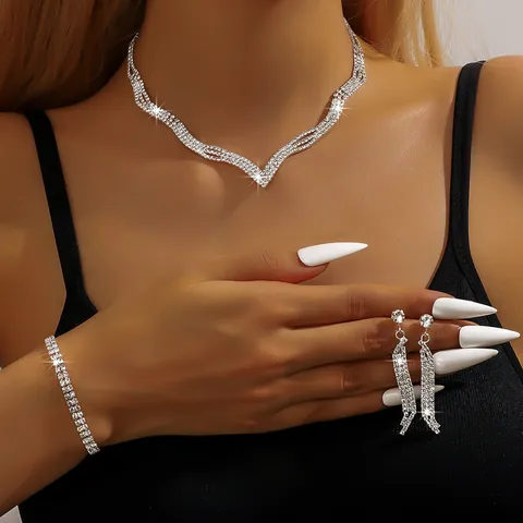 Braut Strass Schmuck Set Halskette Ohrringe Armband Luxus Hochzeit Abschlussball Party Kostüm Accessoires Für Damen