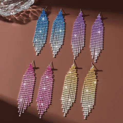 Korean Style Long Tassel Rhinestone Earrings Gradient Color Crystal Drop Dangle Earrings Elegant Party Jewelry For Women